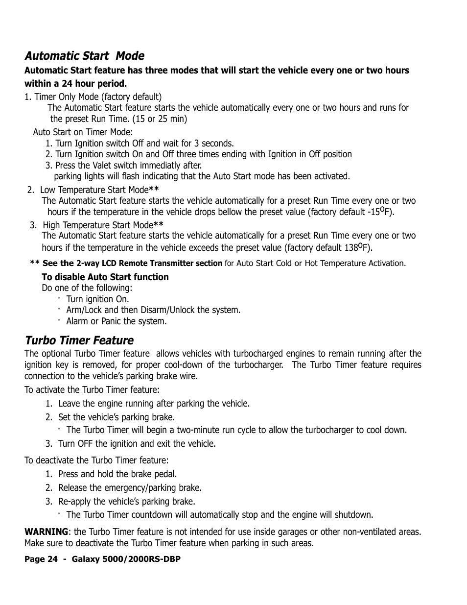 Automatic start mode, Turbo timer feature | ScyTek Electronics 5000RS User Manual | Page 28 / 48