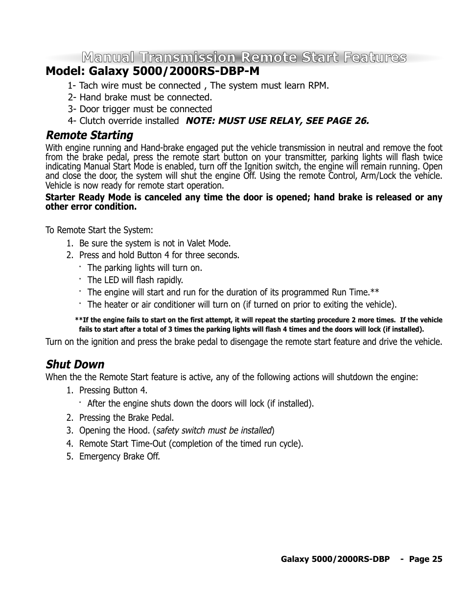 Manual transmission remote start features, Remote starting, Shut down | ScyTek Electronics 5000RS User Manual | Page 29 / 48