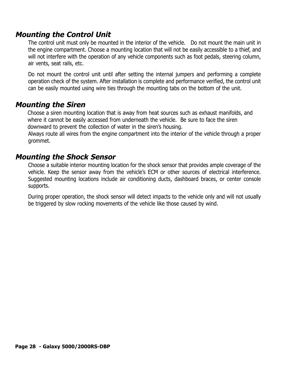 Mounting the control unit, Mounting the siren, Mounting the shock sensor | ScyTek Electronics 5000RS User Manual | Page 32 / 48