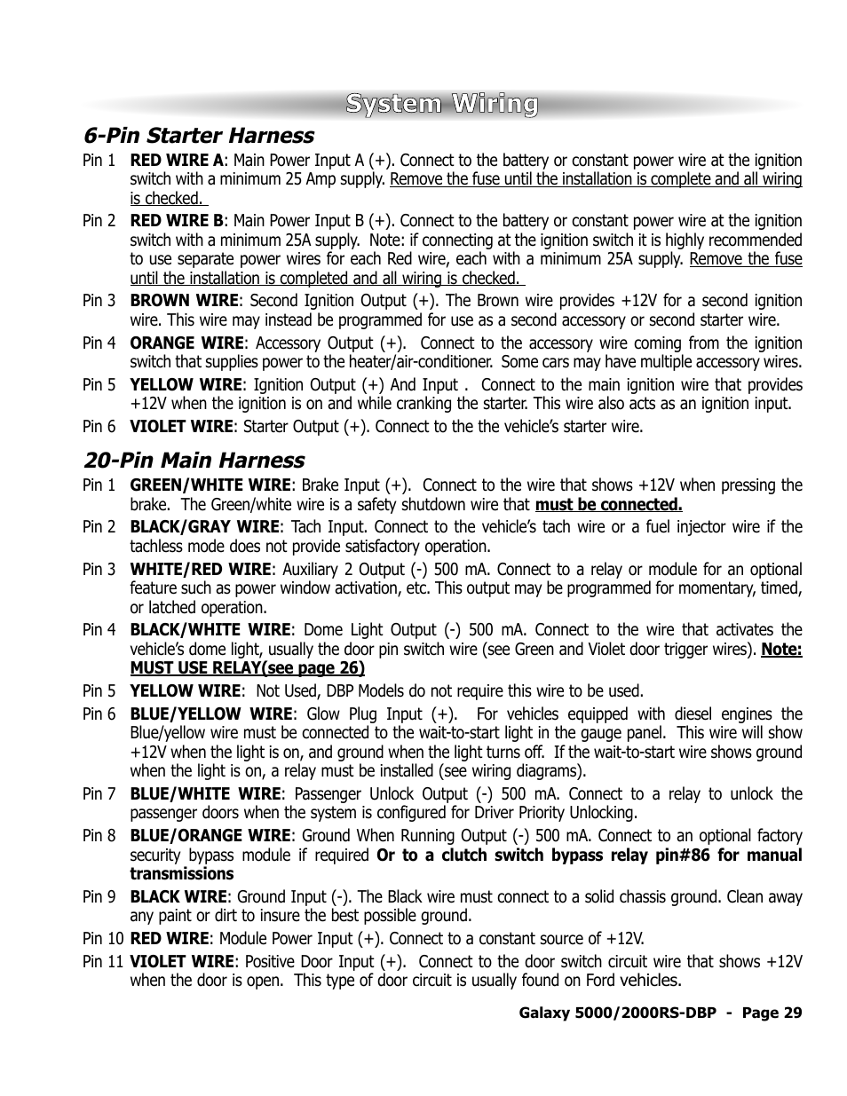 System wiring, Pin starter harness, Pin main harness | ScyTek Electronics 5000RS User Manual | Page 33 / 48