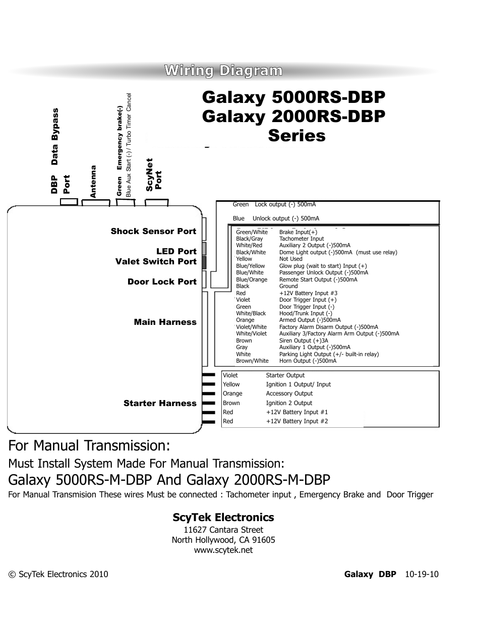 Wiring diagram, For manual transmission, Must install system made for manual transmission | Scytek electronics | ScyTek Electronics 5000RS User Manual | Page 48 / 48