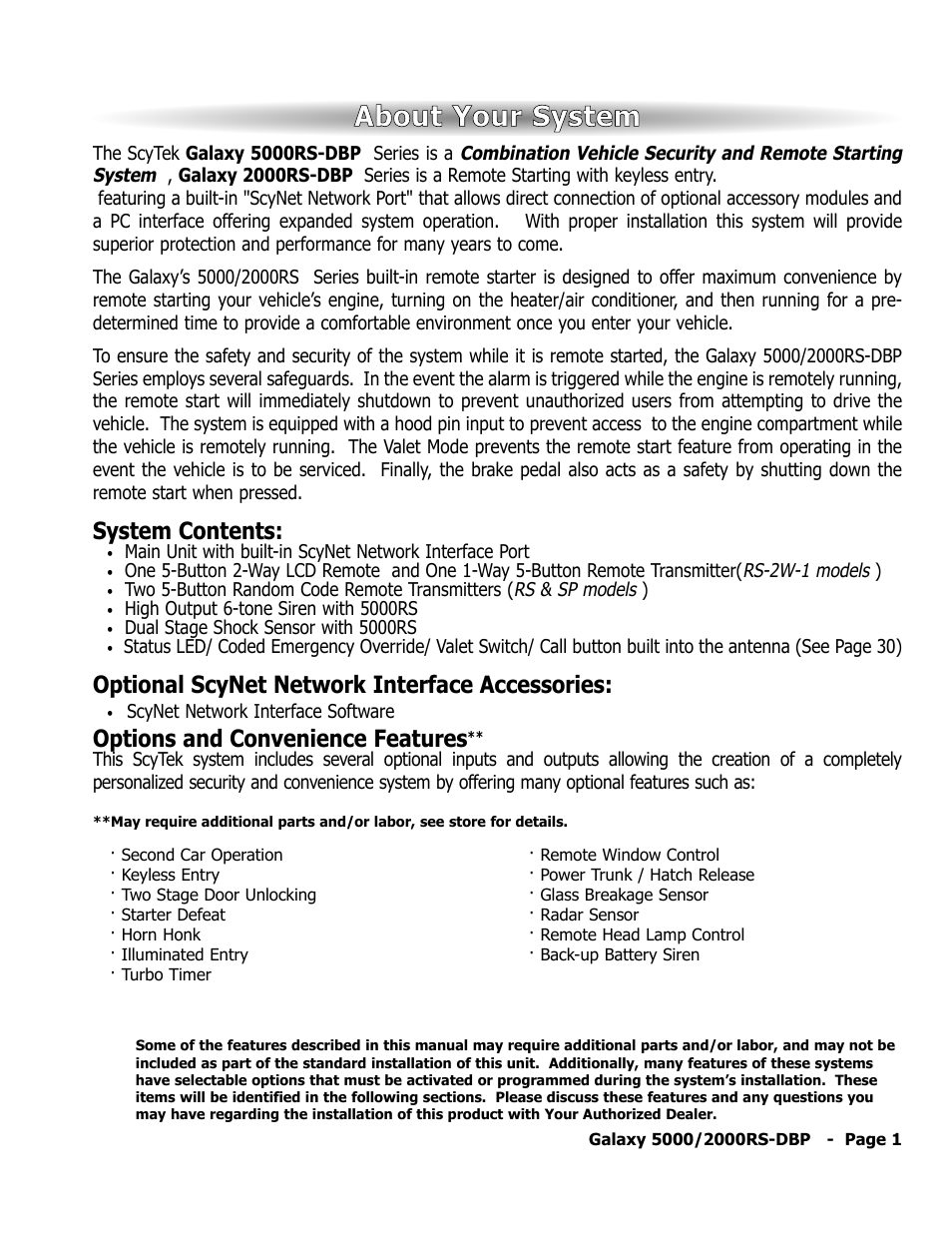 About your system, System contents, Optional scynet network interface accessories | Options and convenience features | ScyTek Electronics 5000RS User Manual | Page 5 / 48
