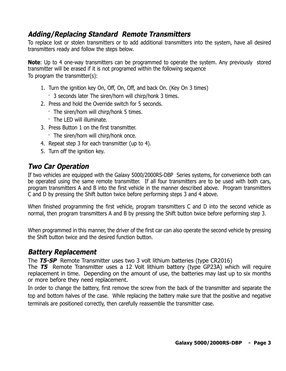Adding/replacing standard remote transmitters, Two car operation, Battery replacement | ScyTek Electronics 5000RS User Manual | Page 7 / 48