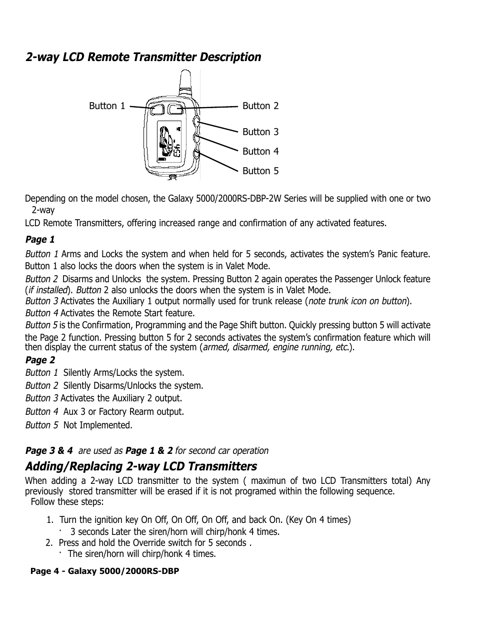 Way lcd remote transmitter description, Adding/replacing 2-way lcd transmitters | ScyTek Electronics 5000RS User Manual | Page 8 / 48