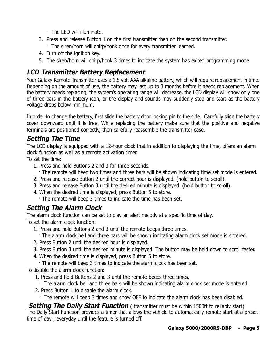 Lcd transmitter battery replacement, Setting the time, Setting the alarm clock | Setting the daily start function | ScyTek Electronics 5000RS User Manual | Page 9 / 48