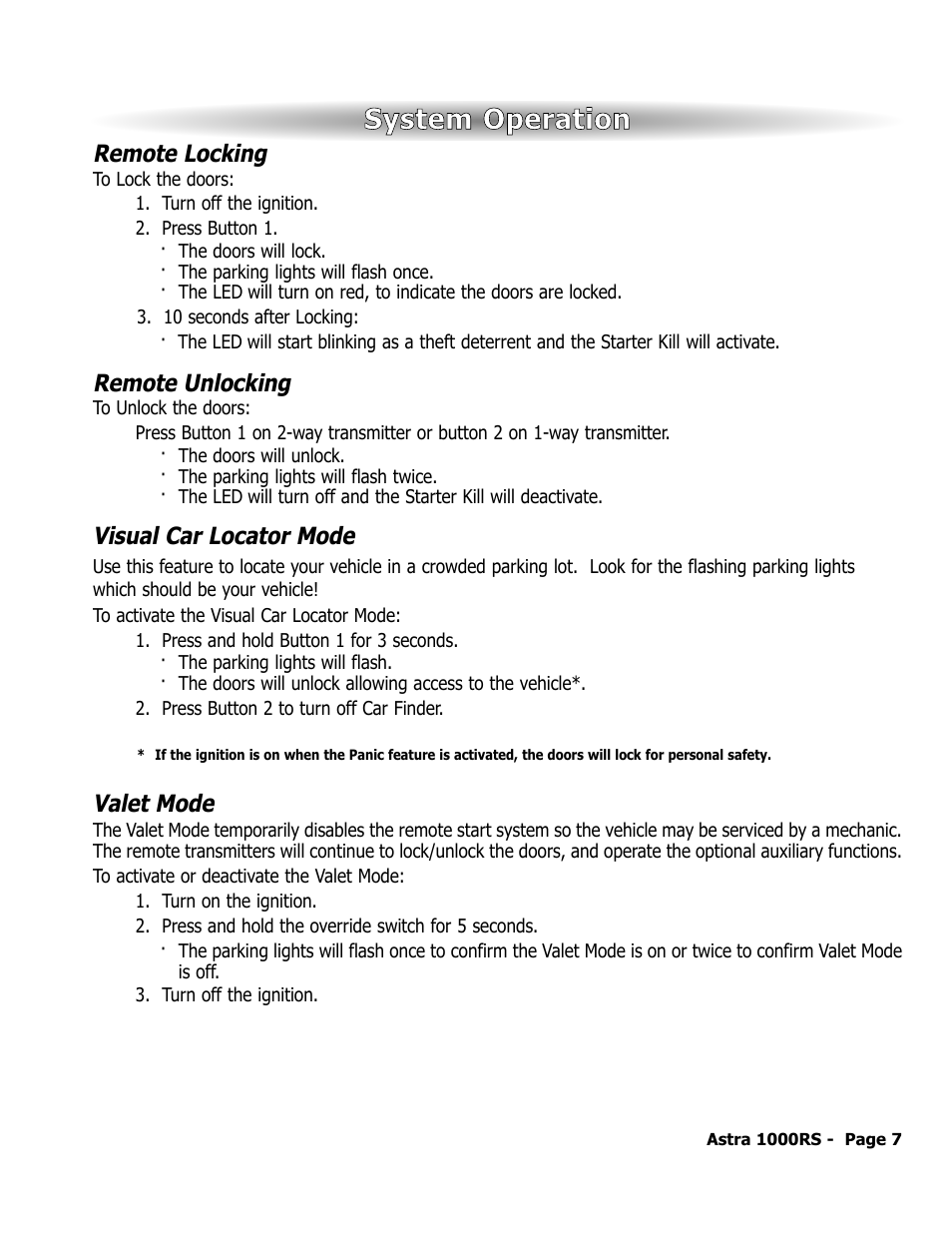 System operation, Remote locking, Remote unlocking | Visual car locator mode, Valet mode | ScyTek Electronics 1000RS User Manual | Page 11 / 24