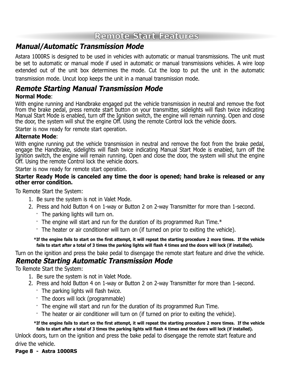 Remote start features, Manual/automatic transmission mode, Remote starting manual transmission mode | Remote starting automatic transmission mode | ScyTek Electronics 1000RS User Manual | Page 12 / 24