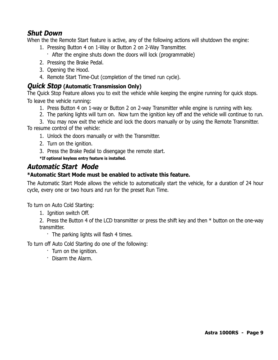 Shut down, Quick stop, Automatic start mode | ScyTek Electronics 1000RS User Manual | Page 13 / 24