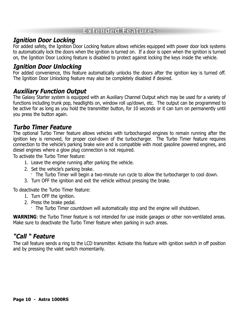 Extended features, Ignition door locking, Ignition door unlocking | Auxiliary function output, Turbo timer feature, Call “ feature | ScyTek Electronics 1000RS User Manual | Page 14 / 24