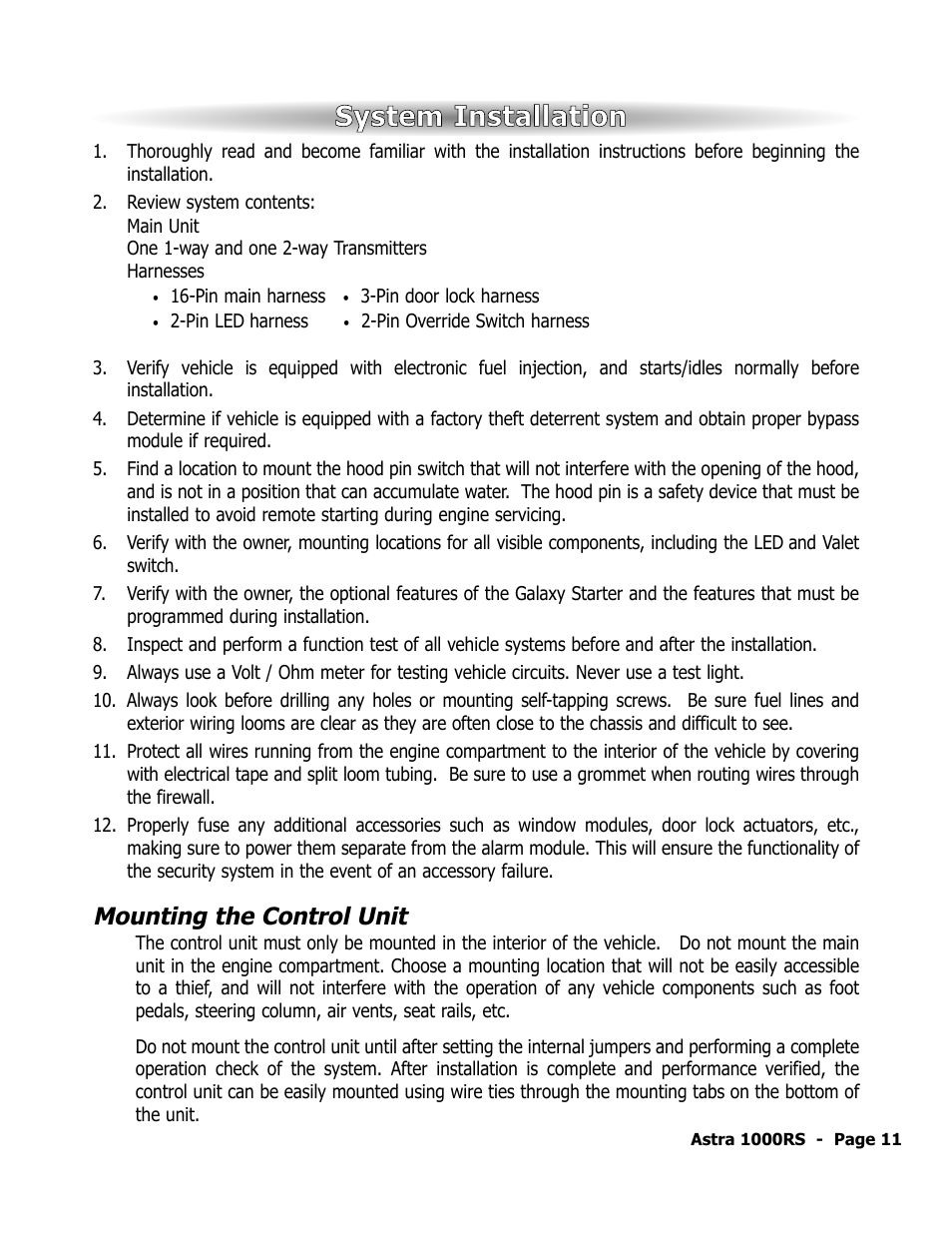 System installation, Mounting the control unit | ScyTek Electronics 1000RS User Manual | Page 15 / 24