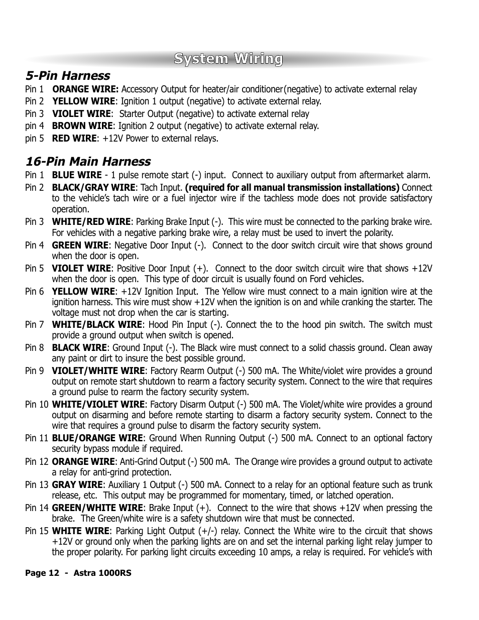 System wiring, Pin harness, Pin main harness | ScyTek Electronics 1000RS User Manual | Page 16 / 24