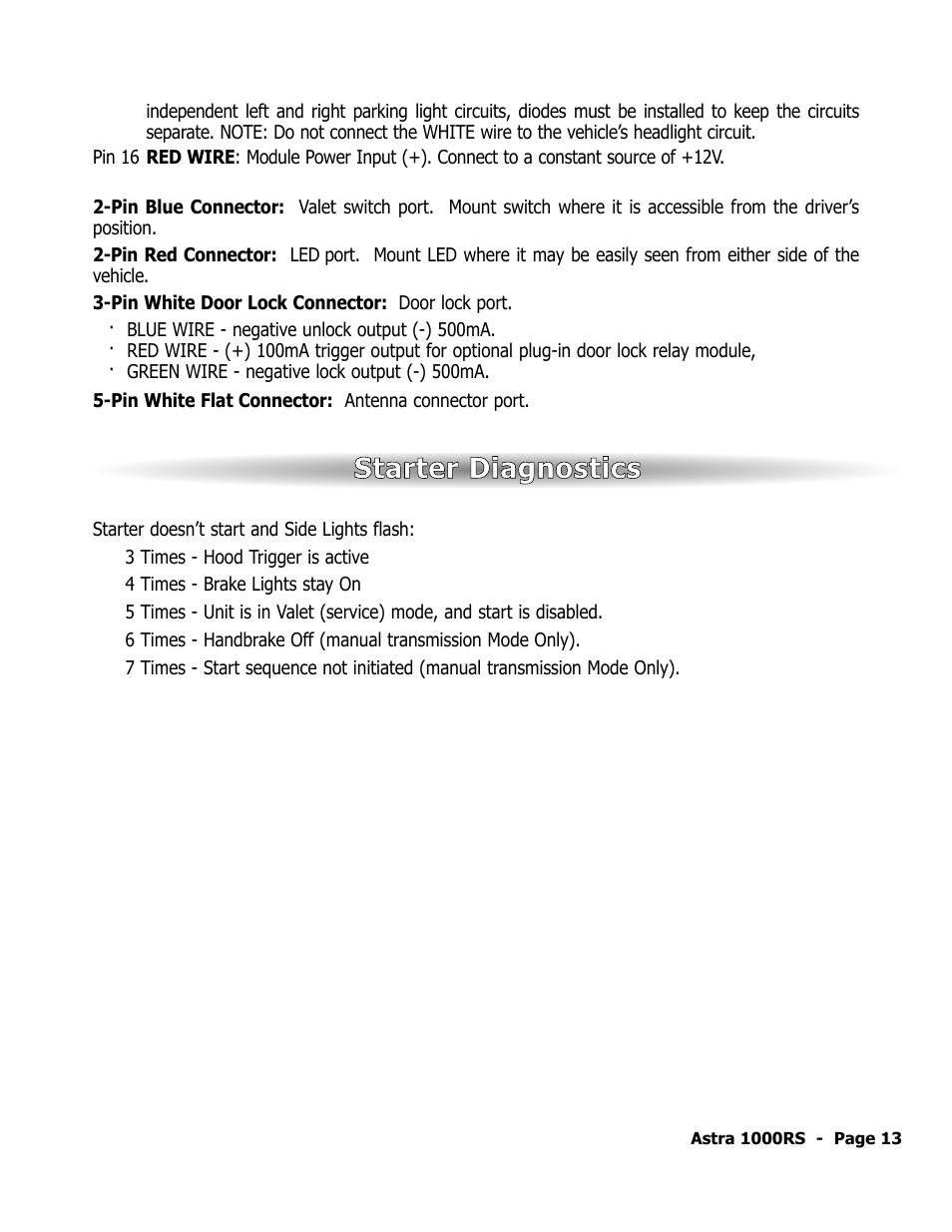 Starter diagnostics | ScyTek Electronics 1000RS User Manual | Page 17 / 24