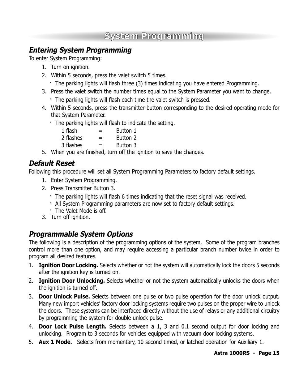 System programming, Entering system programming, Default reset | Programmable system options | ScyTek Electronics 1000RS User Manual | Page 19 / 24