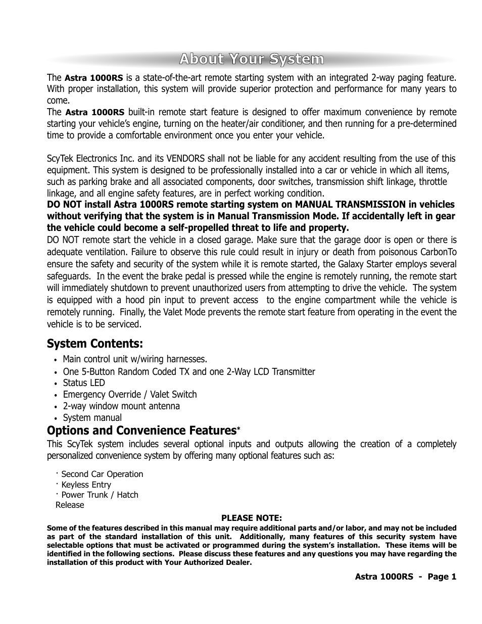 About your system, System contents, Options and convenience features | ScyTek Electronics 1000RS User Manual | Page 5 / 24