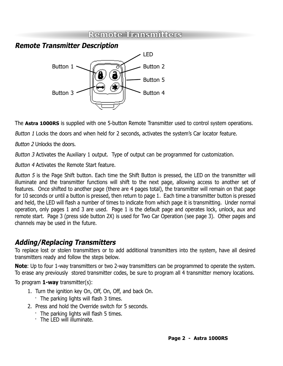 Remote transmitters, Remote transmitter description, Adding/replacing transmitters | ScyTek Electronics 1000RS User Manual | Page 6 / 24