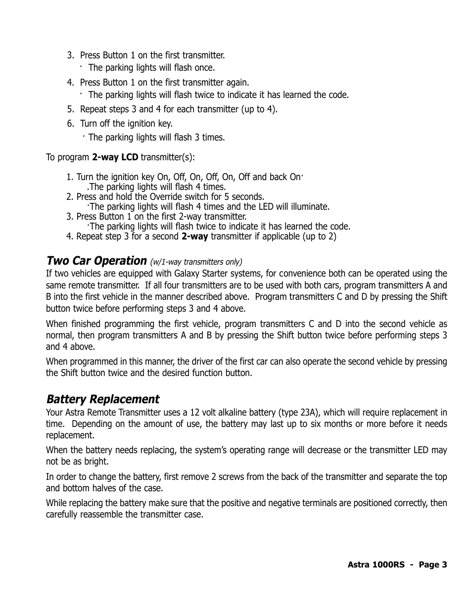 Two car operation, Battery replacement | ScyTek Electronics 1000RS User Manual | Page 7 / 24