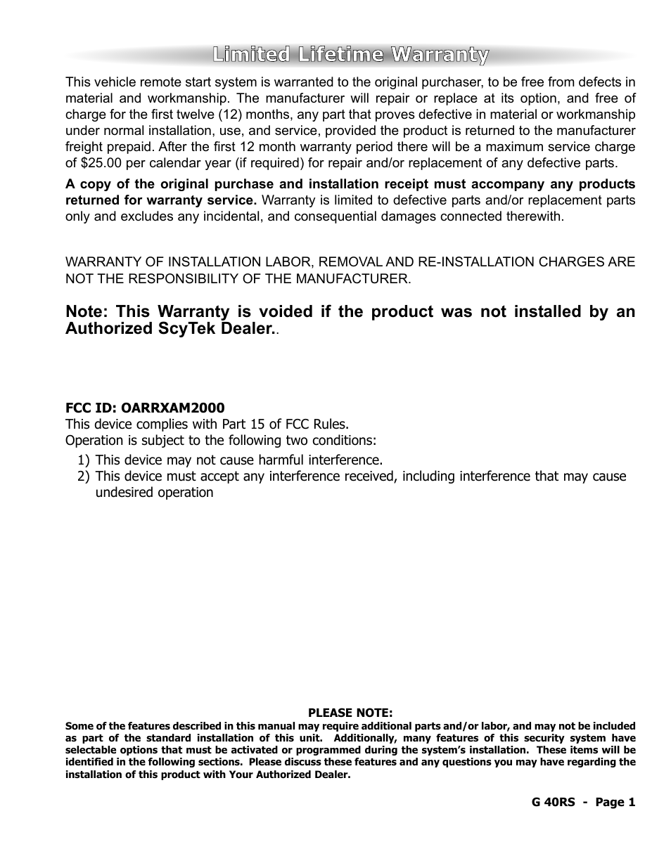 Limited lifetime warranty | ScyTek Electronics GALAXY G40RS User Manual | Page 2 / 12