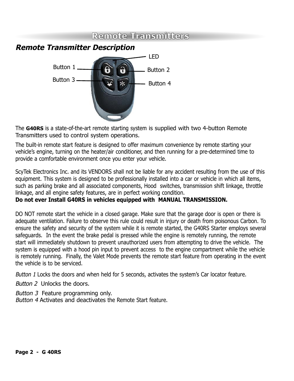 Remote transmitters, Remote transmitter description | ScyTek Electronics GALAXY G40RS User Manual | Page 3 / 12