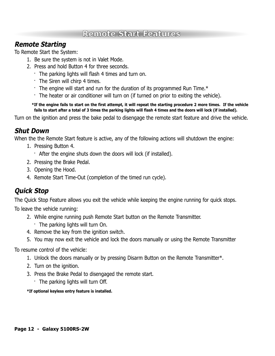 Remote start features, Remote starting, Shut down | Quick stop | ScyTek Electronics 5100RS-22W User Manual | Page 16 / 36