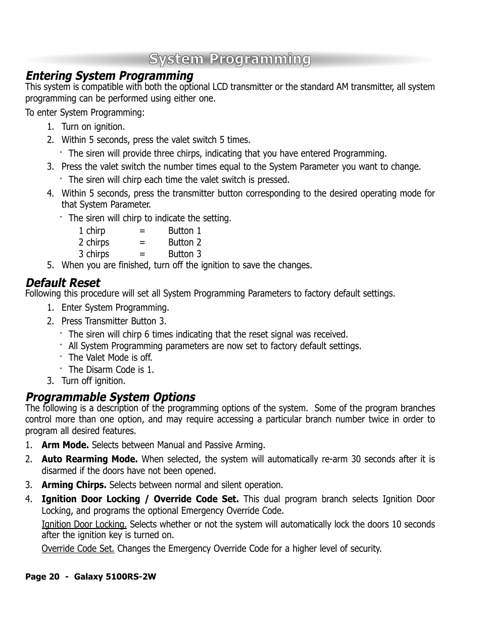 System programming, Entering system programming, Default reset | Programmable system options | ScyTek Electronics 5100RS-22W User Manual | Page 24 / 36