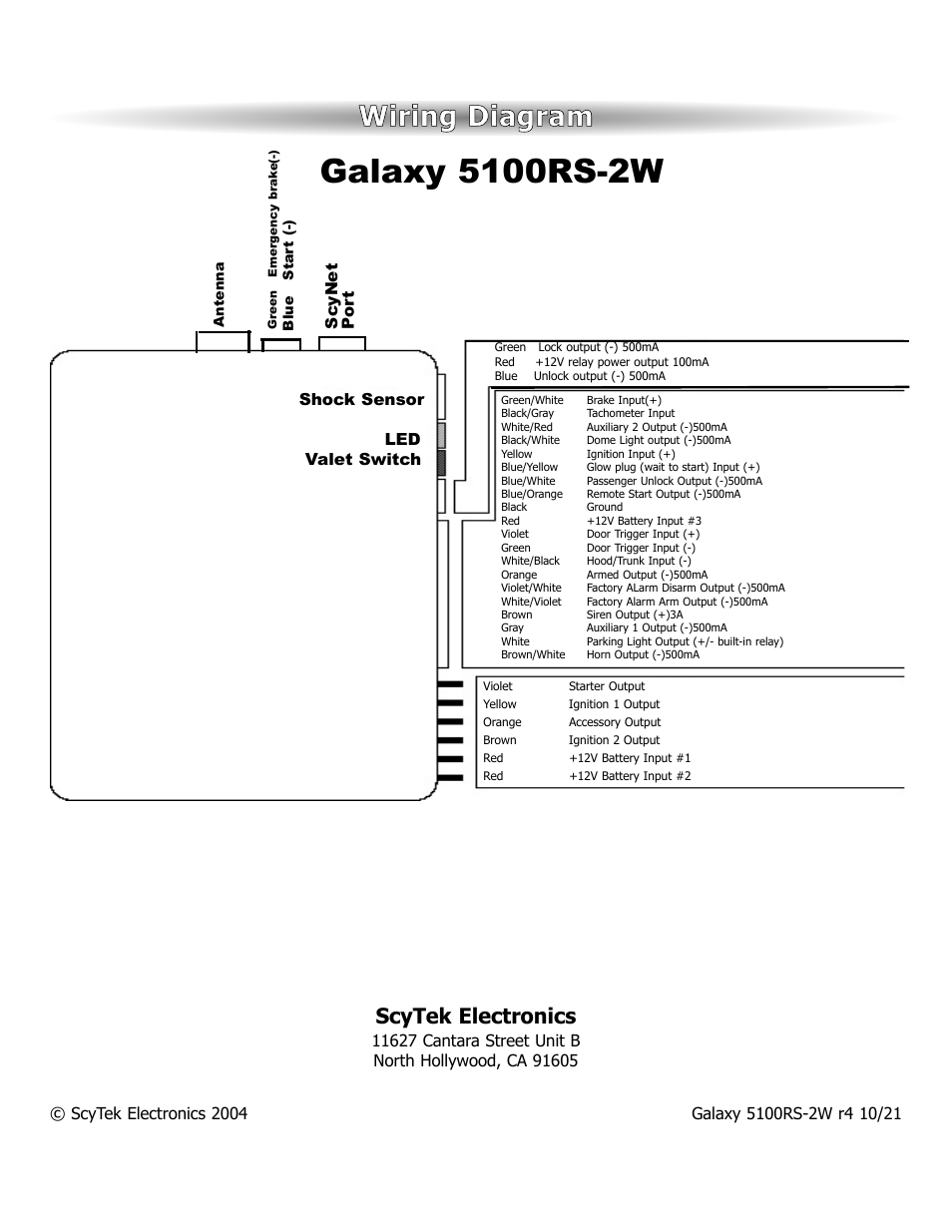 Wiring diagram, Scytek electronics, Sc ynet | Shock sensor led valet switch, Po rt | ScyTek Electronics 5100RS-22W User Manual | Page 36 / 36