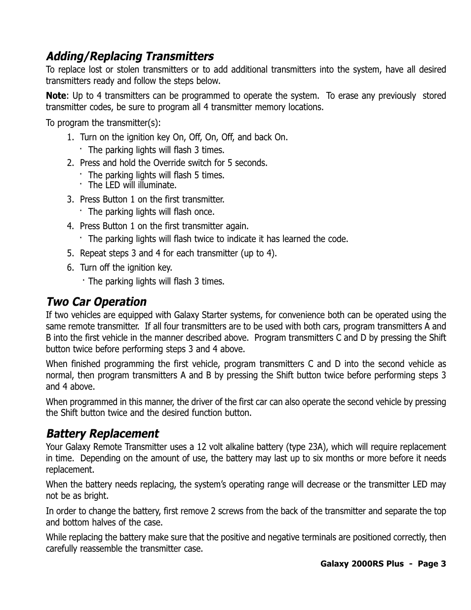 Adding/replacing transmitters, Two car operation, Battery replacement | ScyTek Electronics Galaxy 2000RS Plus User Manual | Page 7 / 28