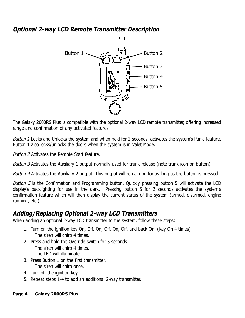 Optional 2-way lcd remote transmitter description, Adding/replacing optional 2-way lcd transmitters | ScyTek Electronics Galaxy 2000RS Plus User Manual | Page 8 / 28