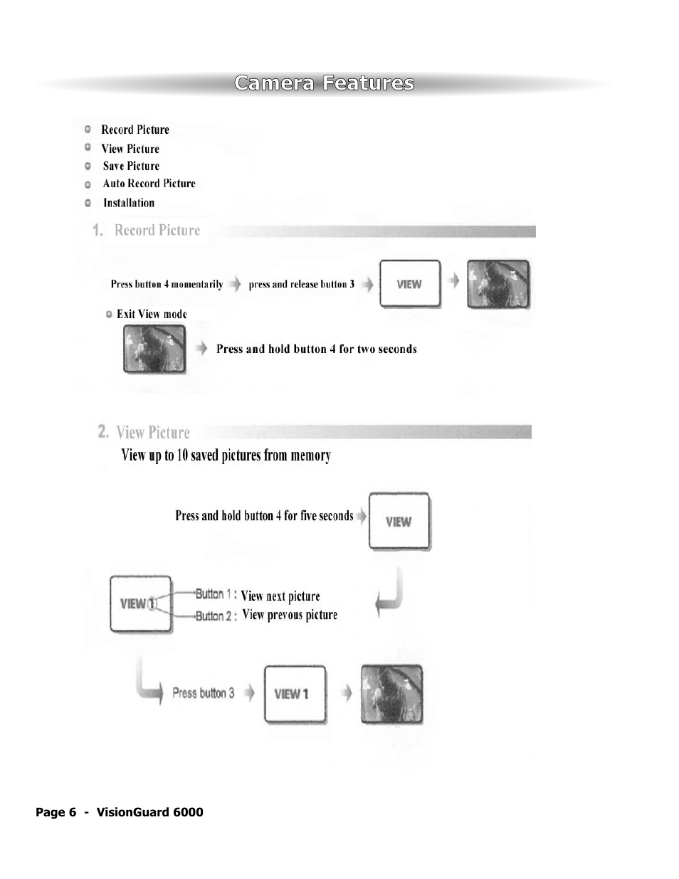Camera features | ScyTek Electronics VISIONGUARD 6000 User Manual | Page 10 / 36