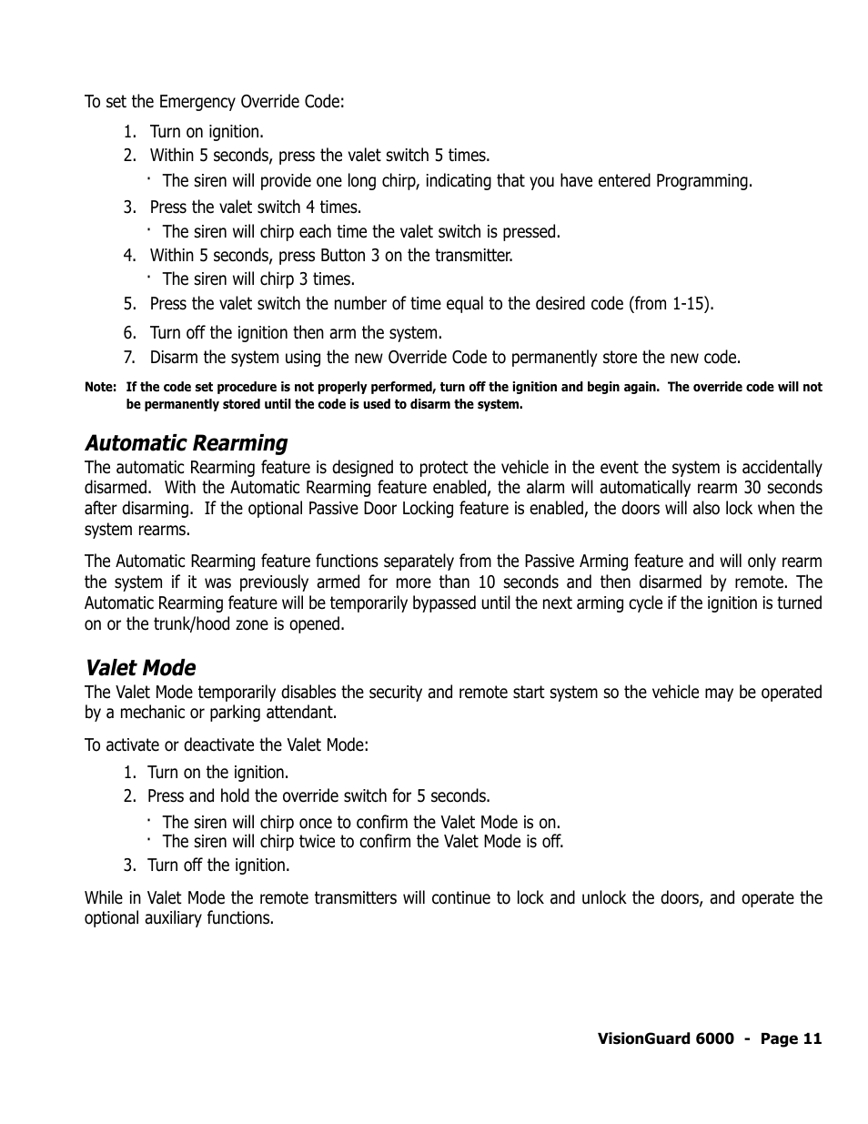 Automatic rearming, Valet mode | ScyTek Electronics VISIONGUARD 6000 User Manual | Page 15 / 36
