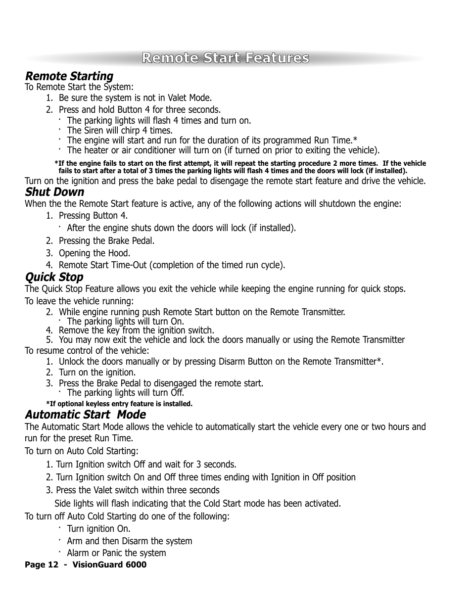 Remote start features, Remote starting, Shut down | Quick stop, Automatic start mode | ScyTek Electronics VISIONGUARD 6000 User Manual | Page 16 / 36