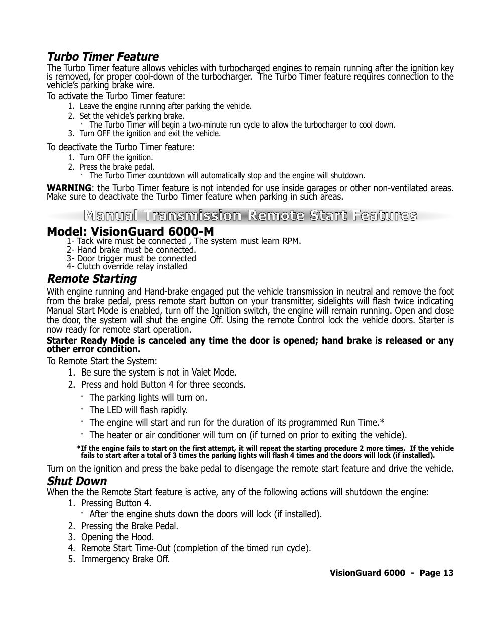 Manual transmission remote start features, Turbo timer feature, Remote starting | Shut down, Model: visionguard 6000-m | ScyTek Electronics VISIONGUARD 6000 User Manual | Page 17 / 36