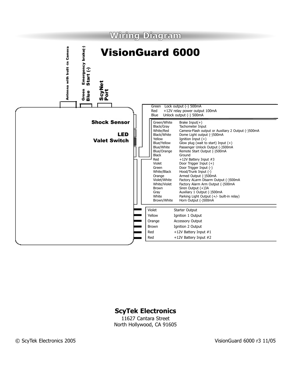Visionguard 6000, Wiring diagram, Scytek electronics | Sc ynet, Shock sensor led valet switch, Po rt | ScyTek Electronics VISIONGUARD 6000 User Manual | Page 36 / 36