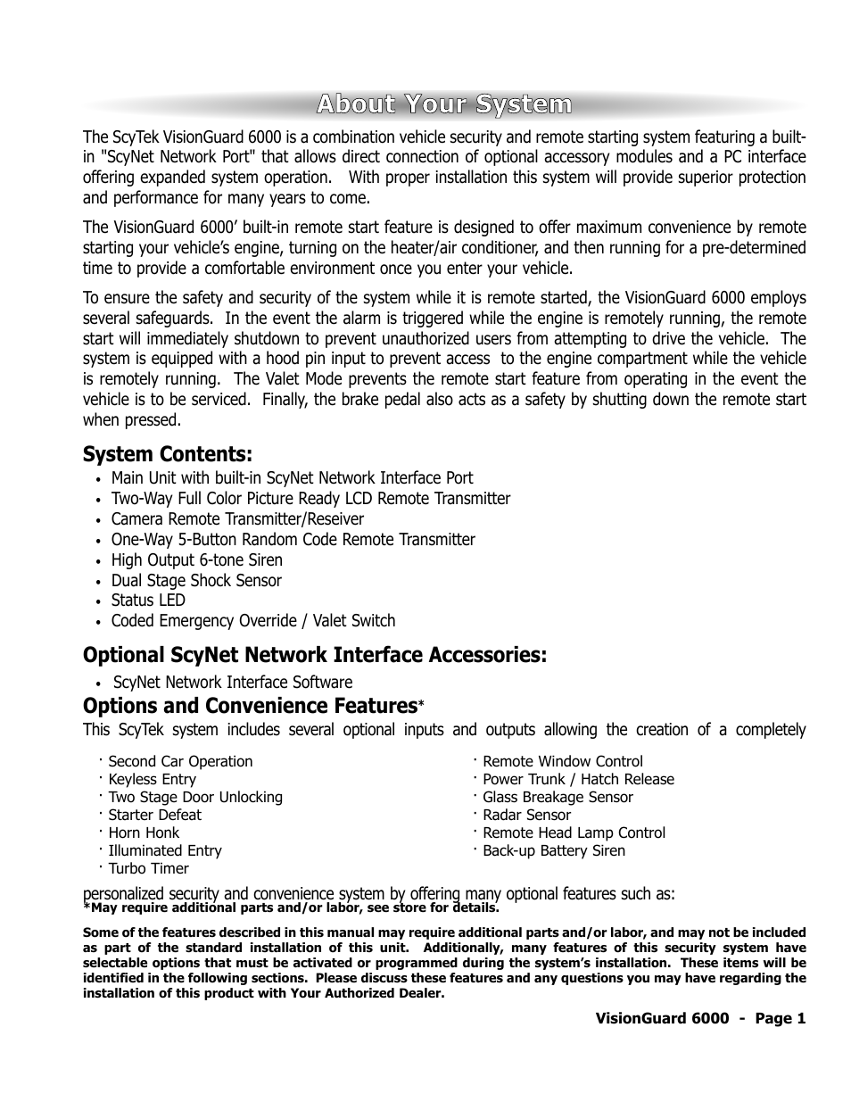 About your system, System contents, Optional scynet network interface accessories | Options and convenience features | ScyTek Electronics VISIONGUARD 6000 User Manual | Page 5 / 36