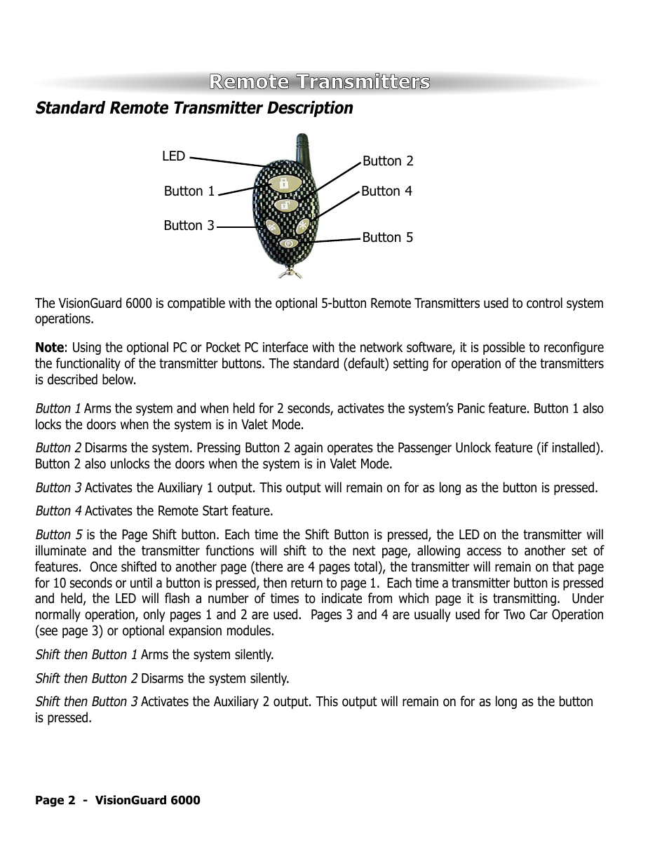 Remote transmitters, Standard remote transmitter description | ScyTek Electronics VISIONGUARD 6000 User Manual | Page 6 / 36