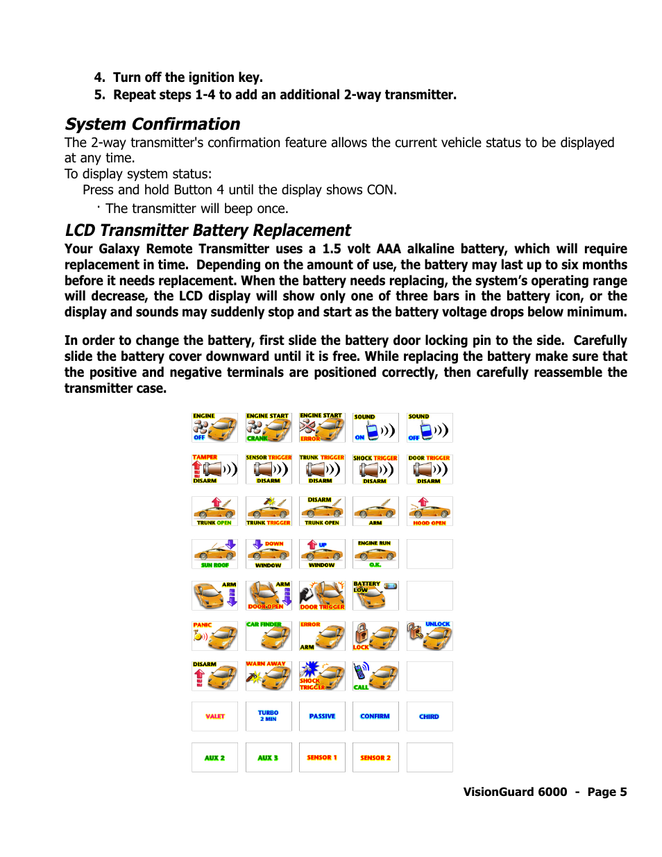 System confirmation, Lcd transmitter battery replacement | ScyTek Electronics VISIONGUARD 6000 User Manual | Page 9 / 36