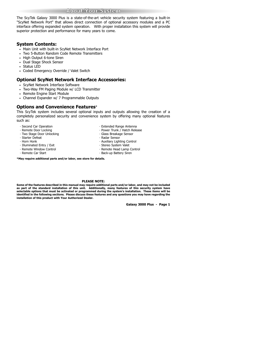 About y your s system, System contents, Optional scynet network interface accessories | Options and convenience features | ScyTek Electronics 3000Plus Series User Manual | Page 5 / 28