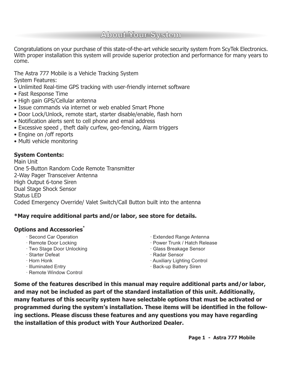 Aab bo ou utt y yo ou urr s sy ys stte em m | ScyTek Electronics ASTRA 777 Mobile User Manual | Page 4 / 43