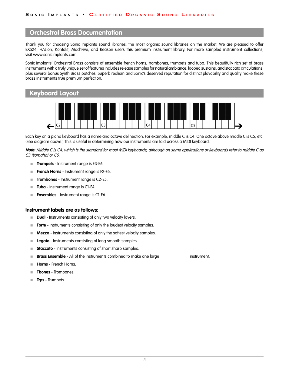 Orchestral brass documentation, Keyboard layout, Instrument labels are as follows | Sonic Impact Technologies DVT44IN User Manual | Page 2 / 4