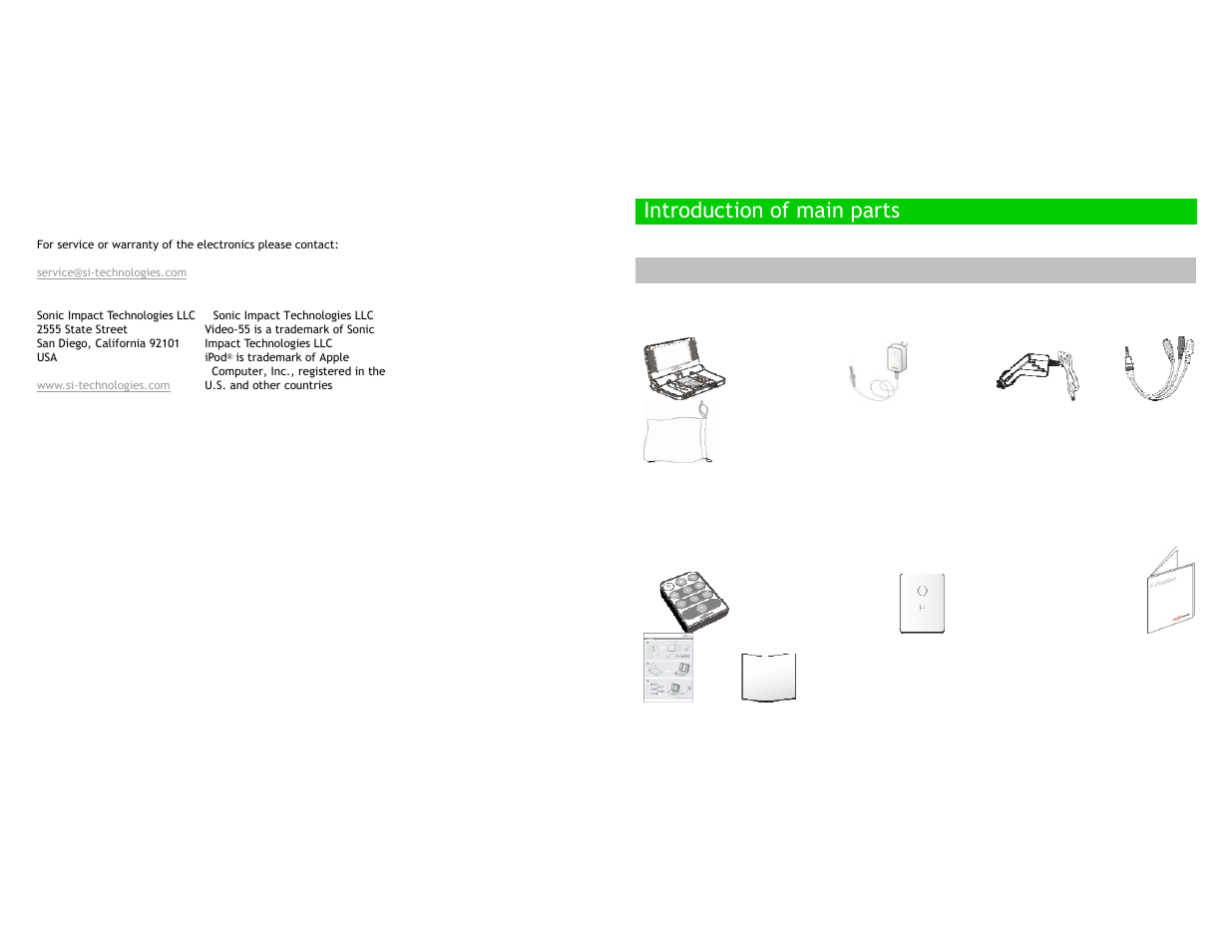 Introduction of main parts | Sonic Impact Technologies Sonic Impact Video-55 User Manual | Page 4 / 24