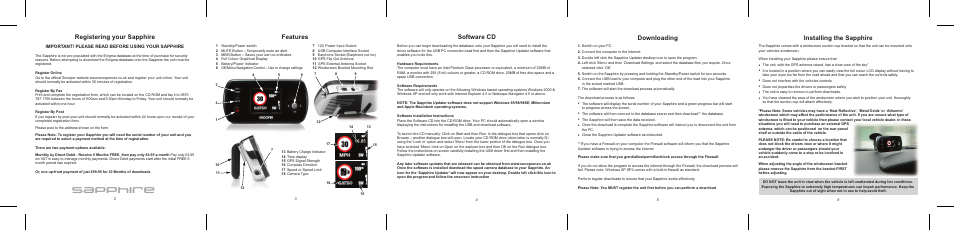 Sapphire qsg inside.pdf, Sapphire, Registering your sapphire | Features, Software cd, Downloading, Installing the sapphire | Sapphire Audio Snooper Speed camera User Manual | Page 2 / 2