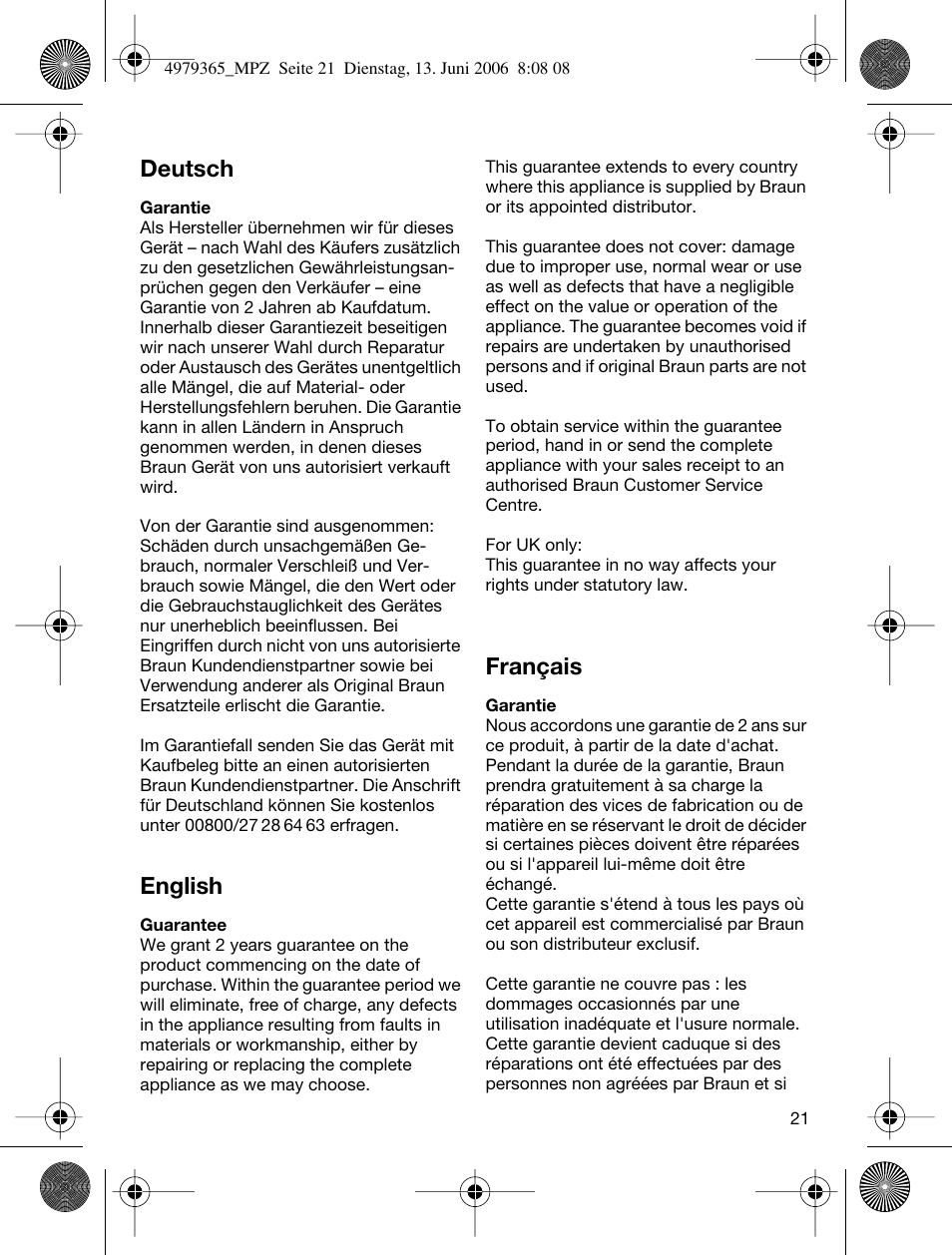 Deutsch, English, Français | Braun MPZ 22 User Manual | Page 21 / 27