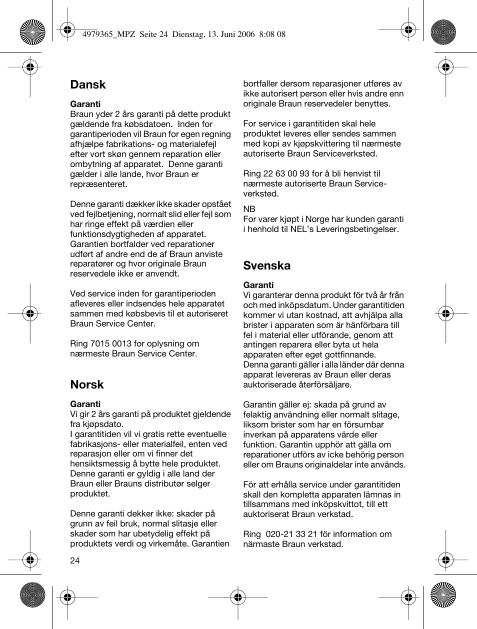 Dansk, Norsk, Svenska | Braun MPZ 22 User Manual | Page 24 / 27