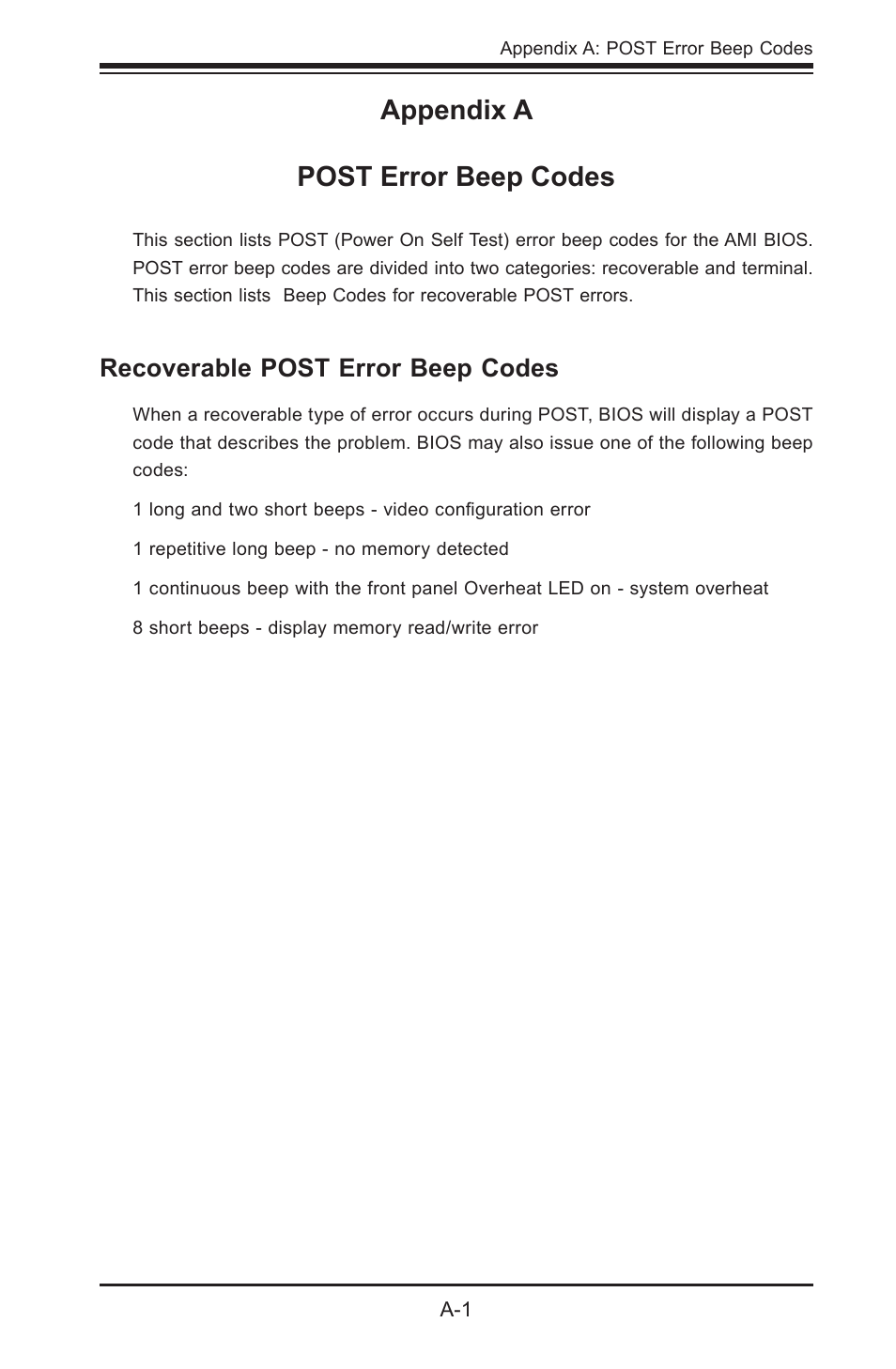 Appendix a post error beep codes, Recoverable post error beep codes | SUPER MICRO Computer SUPER X7SPE-HF-D525 User Manual | Page 101 / 107