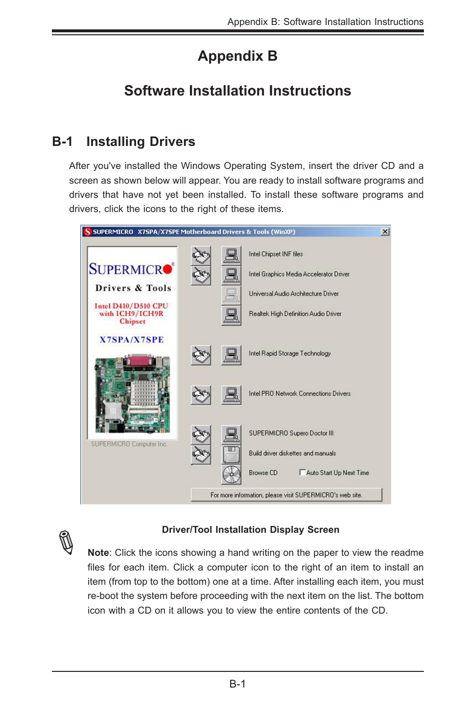 Appendix b software installation instructions | SUPER MICRO Computer SUPER X7SPE-HF-D525 User Manual | Page 103 / 107