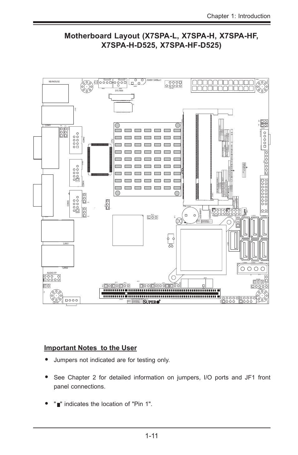 Chapter 1: introduction, Jumpers not indicated are for testing only, Indicates the location of "pin 1 | SUPER MICRO Computer SUPER X7SPE-HF-D525 User Manual | Page 23 / 107