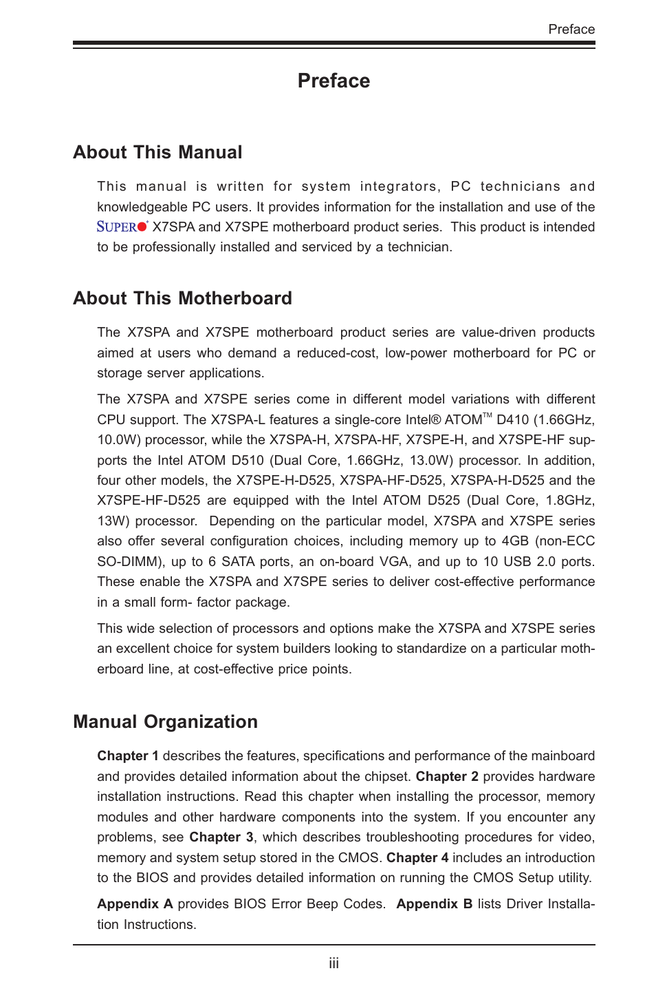 Preface, About this manual, About this motherboard | Manual organization | SUPER MICRO Computer SUPER X7SPE-HF-D525 User Manual | Page 3 / 107