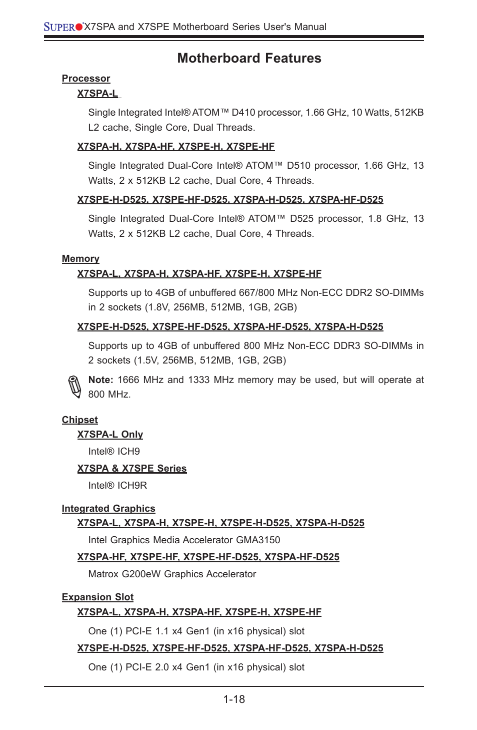 Motherboard features | SUPER MICRO Computer SUPER X7SPE-HF-D525 User Manual | Page 30 / 107