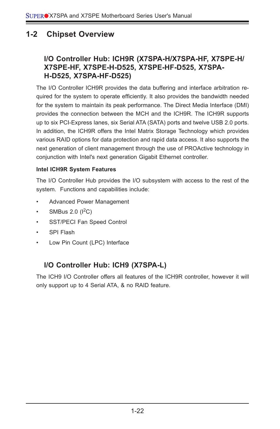 2 chipset overview, I/o controller hub: ich9 (x7spa-l) | SUPER MICRO Computer SUPER X7SPE-HF-D525 User Manual | Page 34 / 107