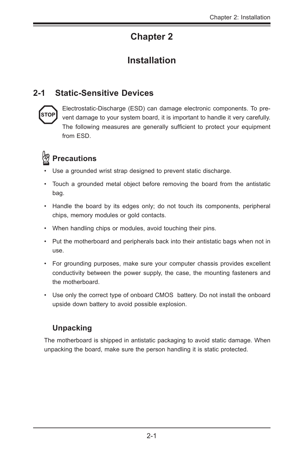 Chapter 2 installation, 1 static-sensitive devices | SUPER MICRO Computer SUPER X7SPE-HF-D525 User Manual | Page 39 / 107