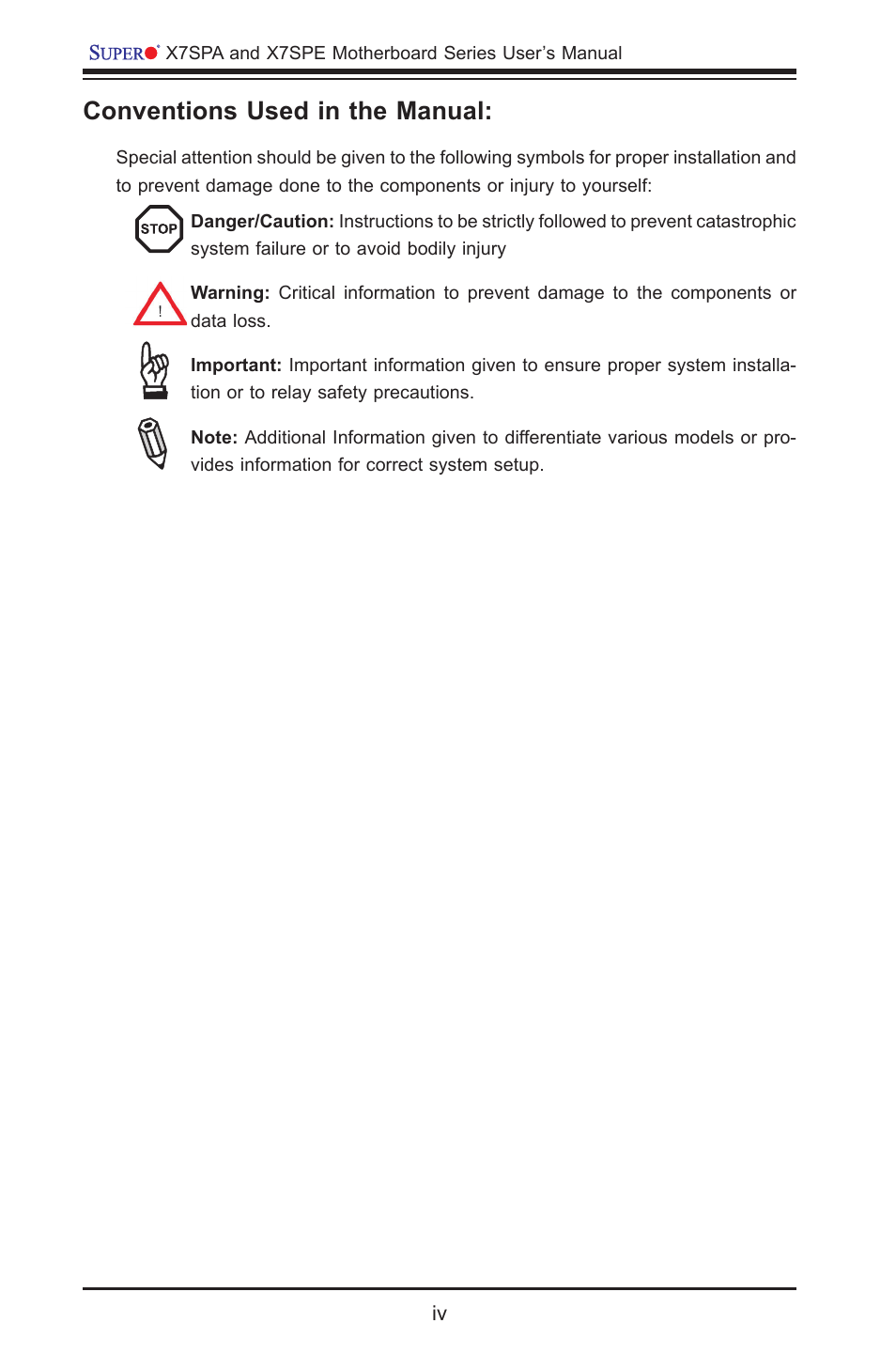 Conventions used in the manual | SUPER MICRO Computer SUPER X7SPE-HF-D525 User Manual | Page 4 / 107